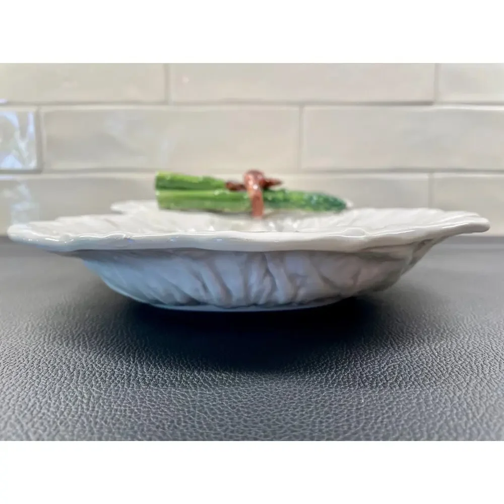 Italian Majolica Vietri Divided White Cabbage Leaf and Asparagus Dish